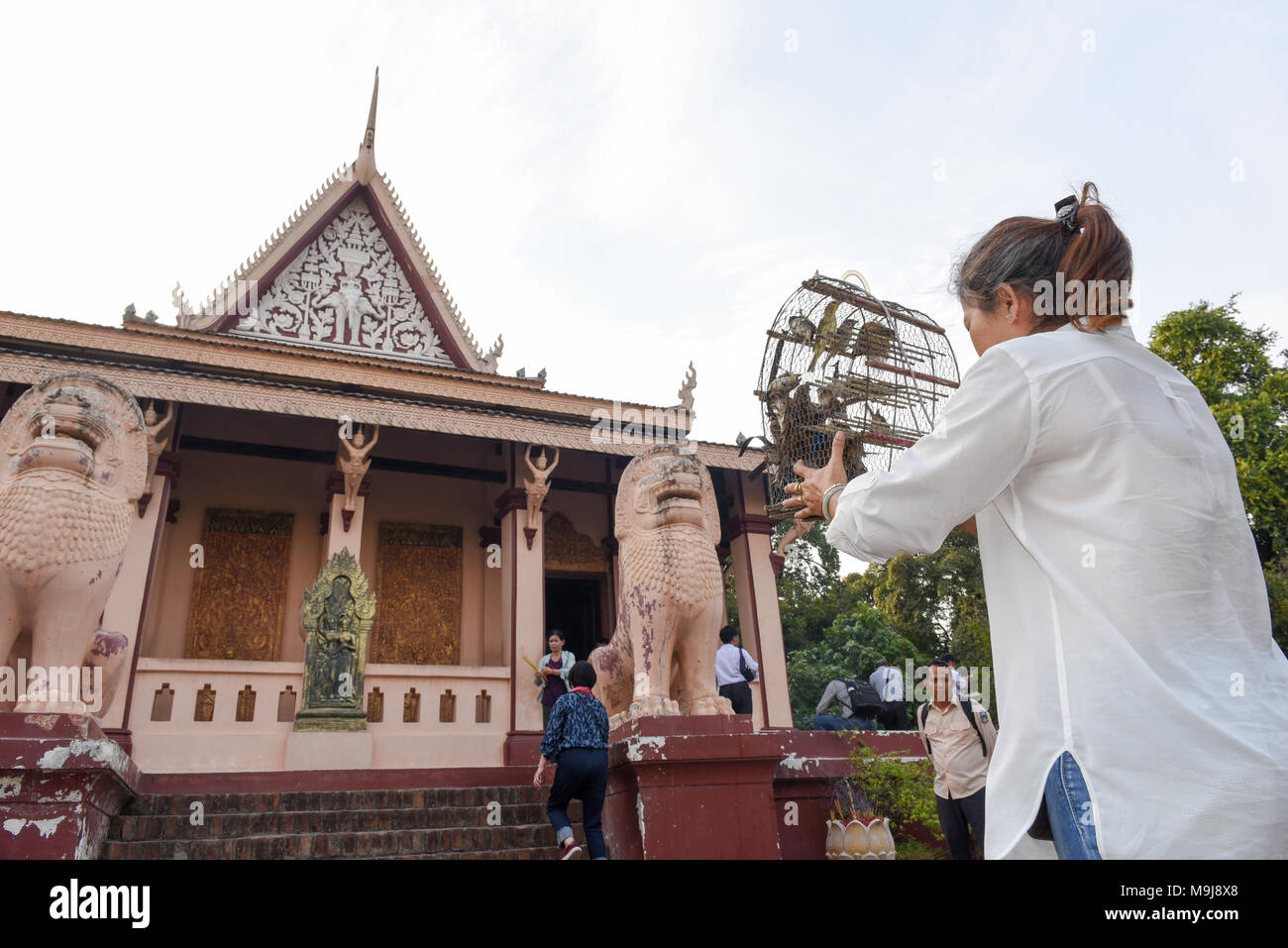 Phnom Penh, Kambodscha - 17. Januar 2018: Die Frau, die Vögel befreit von einem Käfig in buddhistischen Tempel von Wat Phnom, Phnom Penh Kambodscha Stockfoto