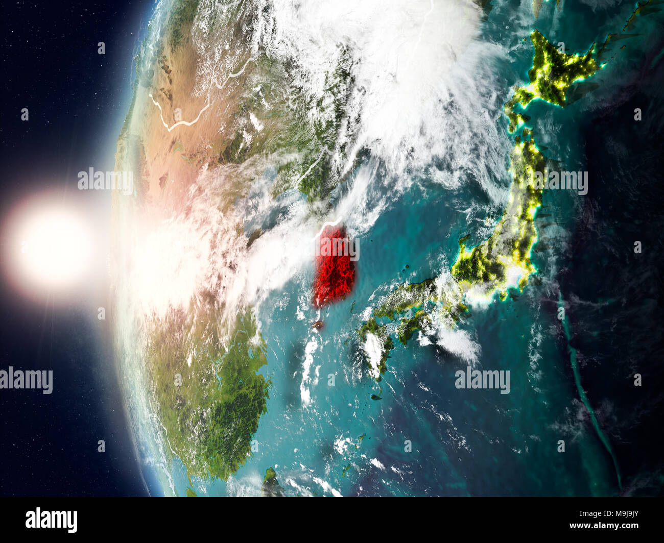 Satellitenansicht von Südkorea in Rot hervorgehoben auf dem Planeten Erde mit Wolken und sichtbare Grenzen während des Sonnenuntergangs. 3D-Darstellung. Elemente der t Stockfoto