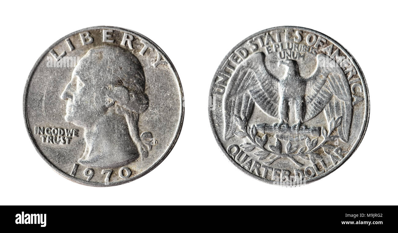 Ein viertel Dollar, 1970, Washington. Isoliertes Objekt auf einem weißen Hintergrund. Stockfoto