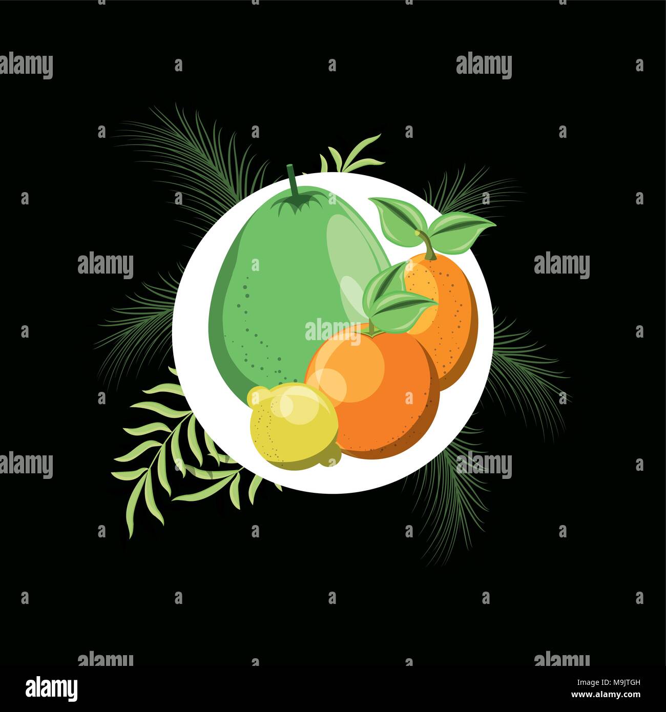 Zitronensäure Früchte über weißen Kreis mit tropischen Blätter um über grüne Hintergrund, farbenfrohen Design. Vector Illustration Stock Vektor