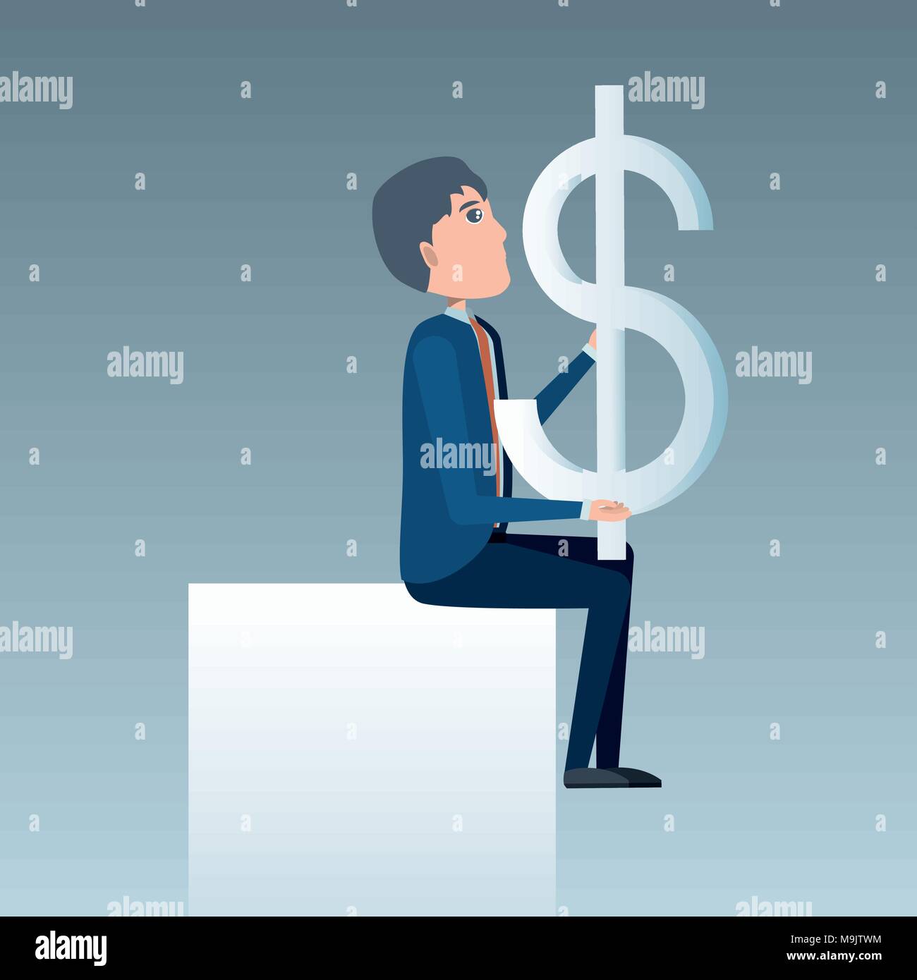 Cartoon Geschäftsmann sitzen mit Geld symbl über grauer Hintergrund, farbenfrohen Design. Vector Illustration Stock Vektor