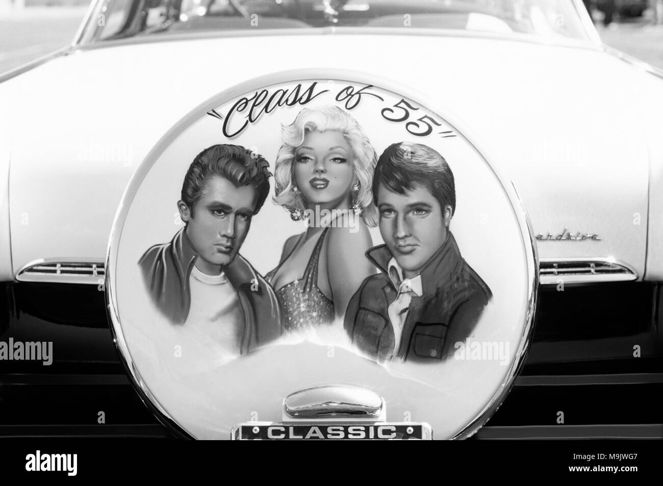 Classic Car Show mit Abdeckung auf der Rückseite des Automobils James Dean, Elvis und Marylyn Monroe Stockfoto