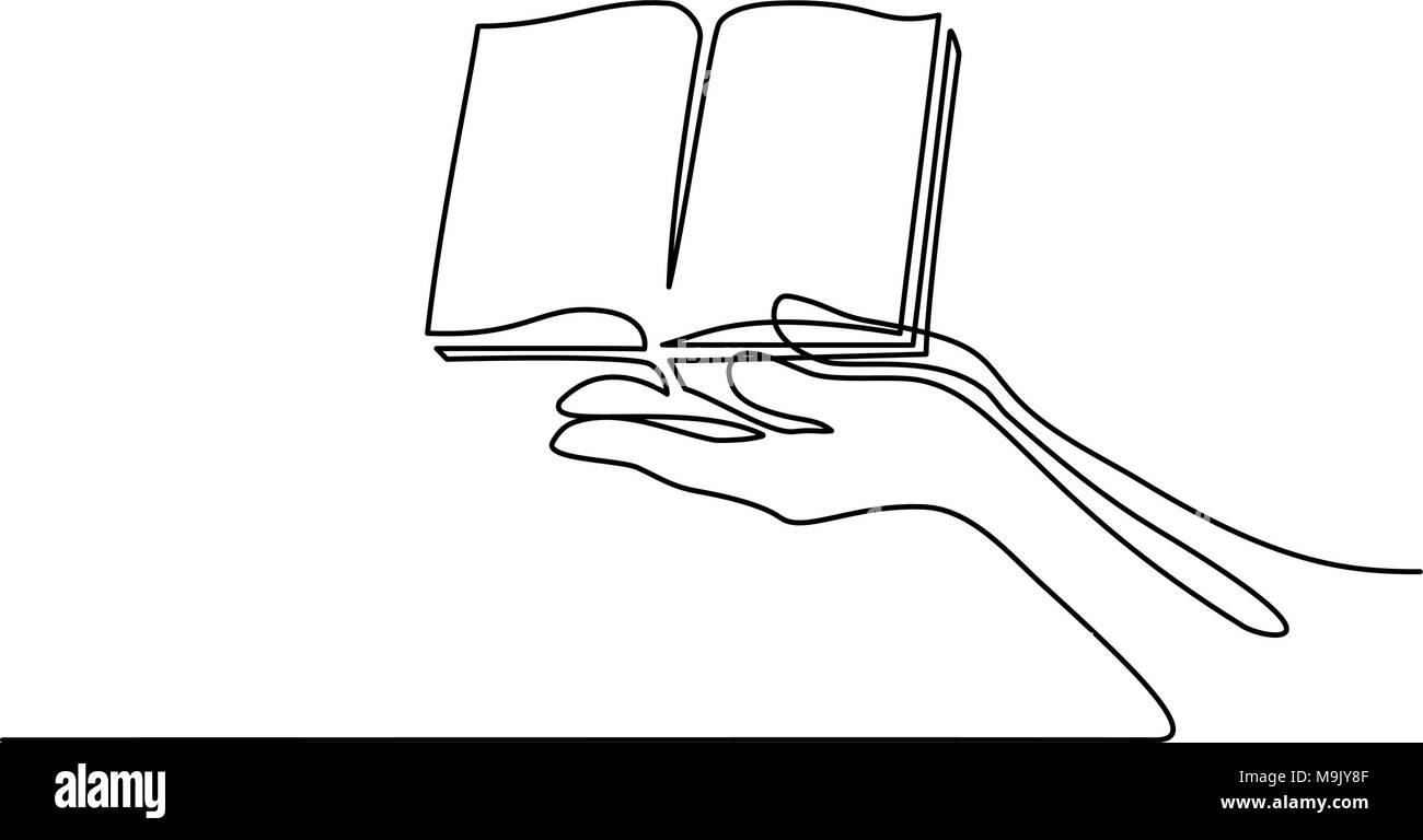 Hände Handflächen zusammen mit geöffnetem Buch Stock Vektor