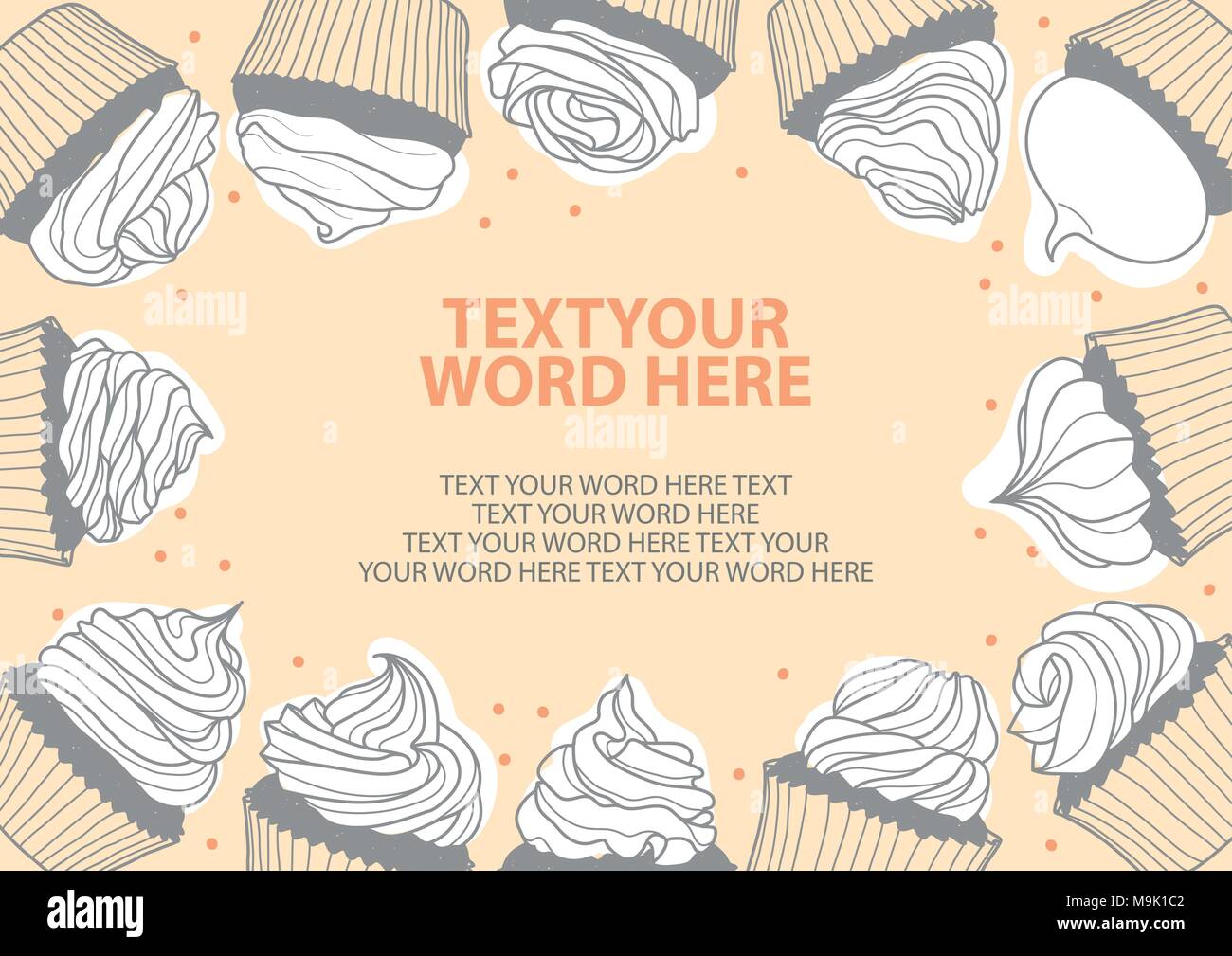 12 Styles von Cupcakes in grauen Umrisse, weiße Flächen und rote Punkte auf Pastell rosa Hintergrund und Platz für Text. Plakat oder Hintergrund Design in Vektor i Stock Vektor