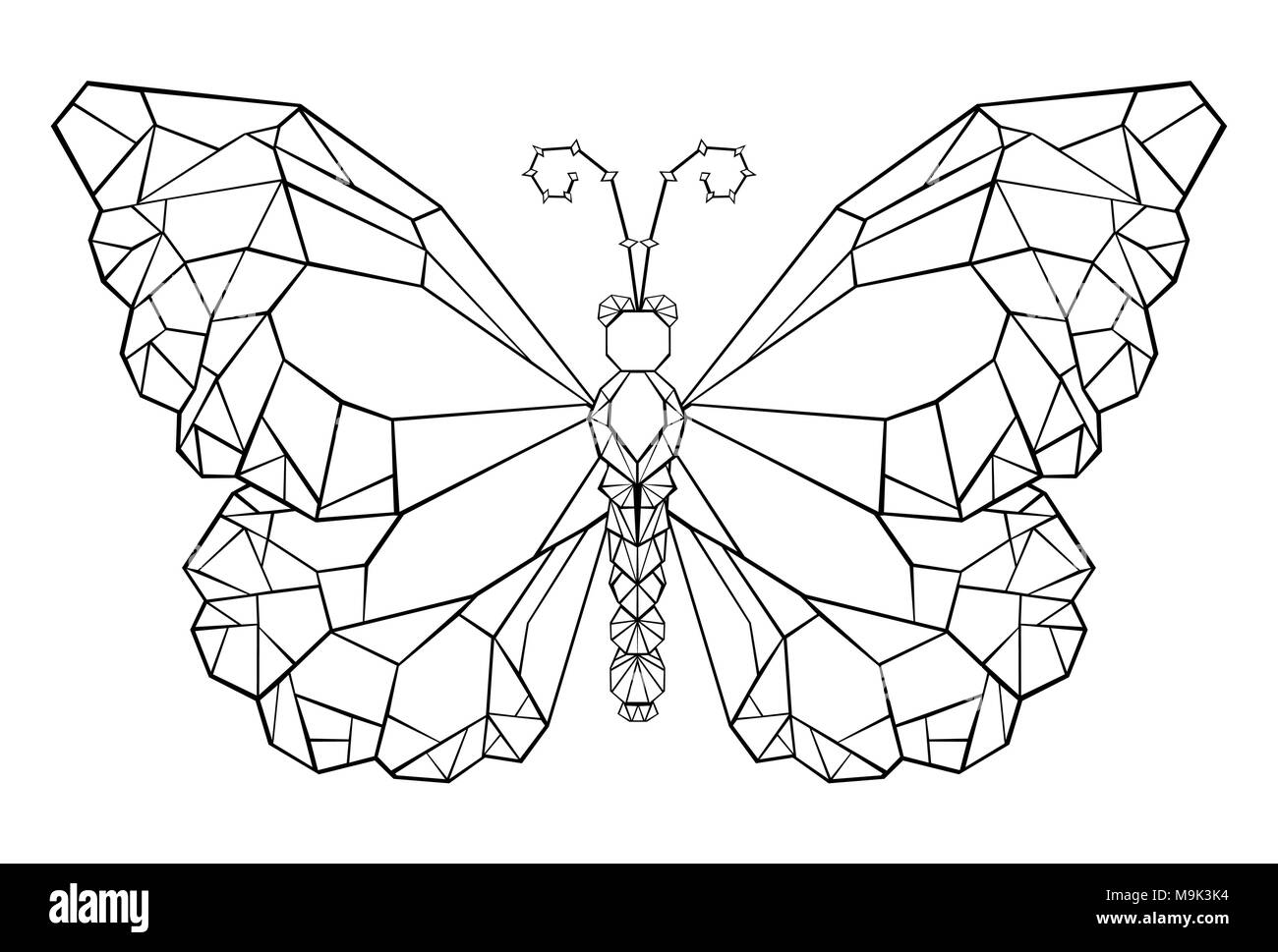 Polygonale Schmetterling Monarch in schwarz auf weißem Hintergrund gemalt. Schmetterling Monarch. Polygonale Grafik. Stock Vektor