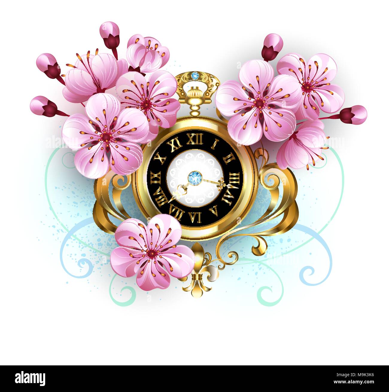 Antike, gold Watch mit Sakura Blumen auf weißem Hintergrund. Frühlingsfest. Sakura Blüten. Hanami. Stock Vektor
