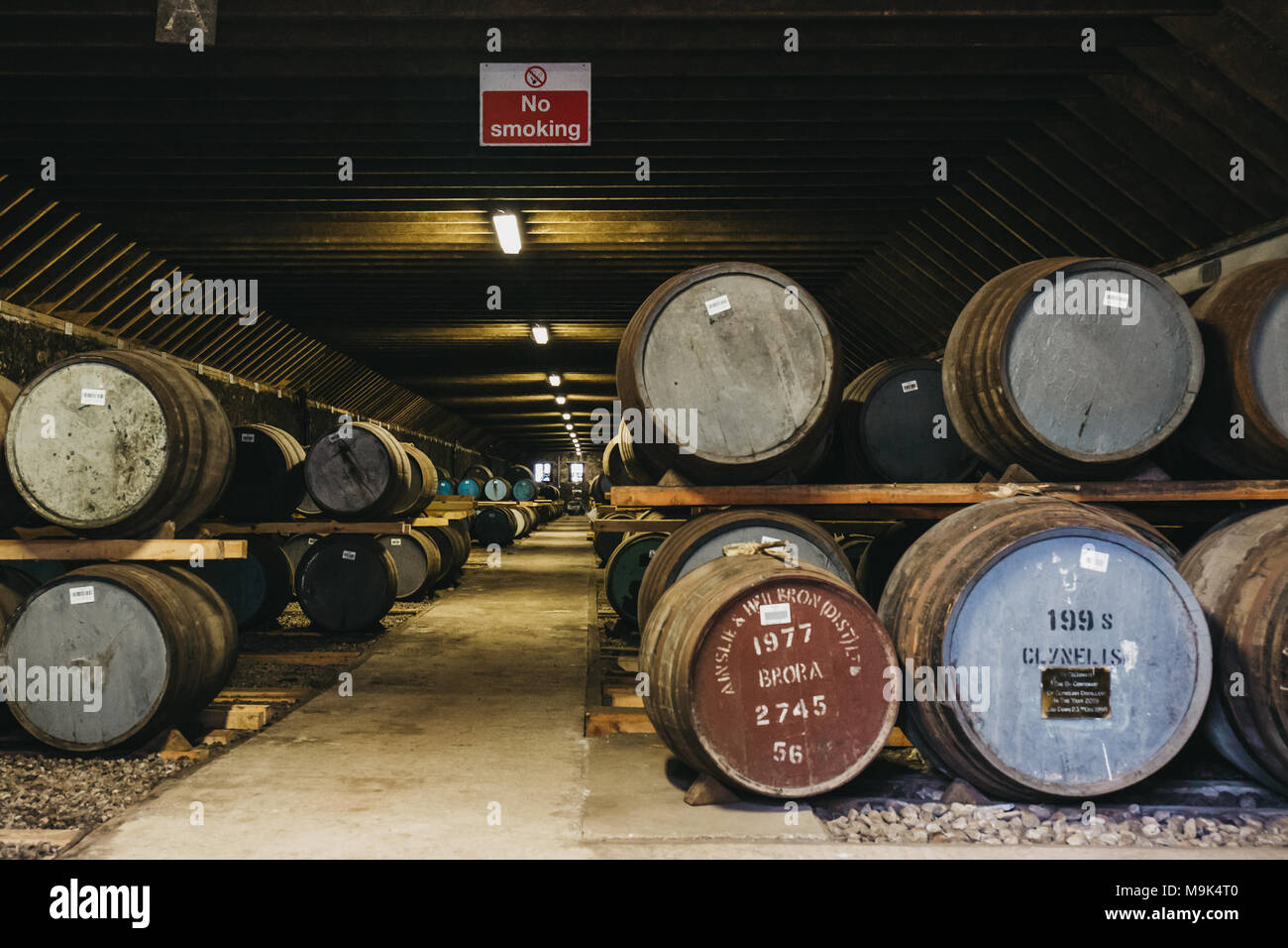 Fässer Whisky in Brora Distillery Lager in Schottland, seltene brora Whisky in der Front. Stockfoto