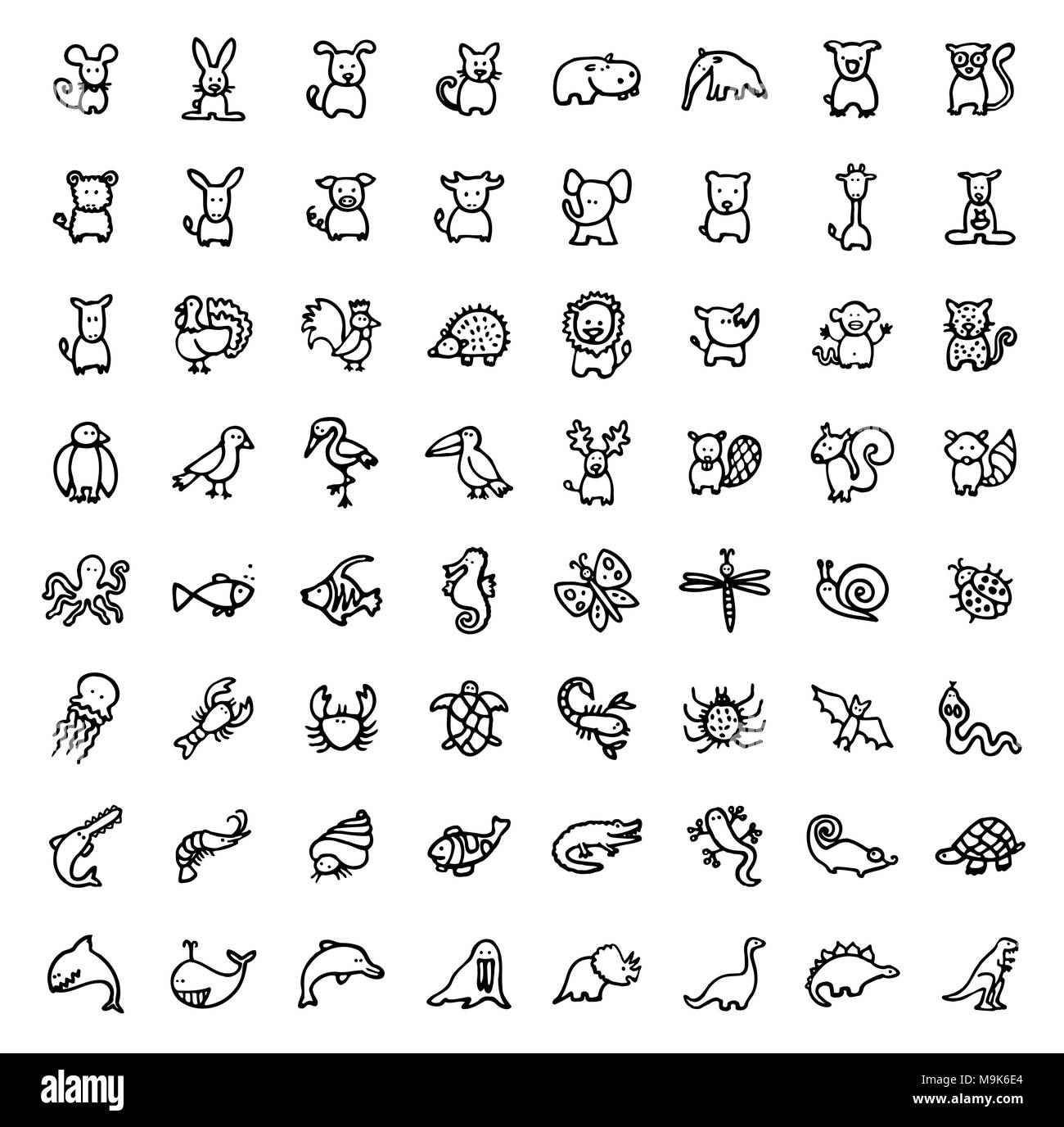 Schwarze und weiße Hand gezeichneten Symbole - Tiere Stock Vektor