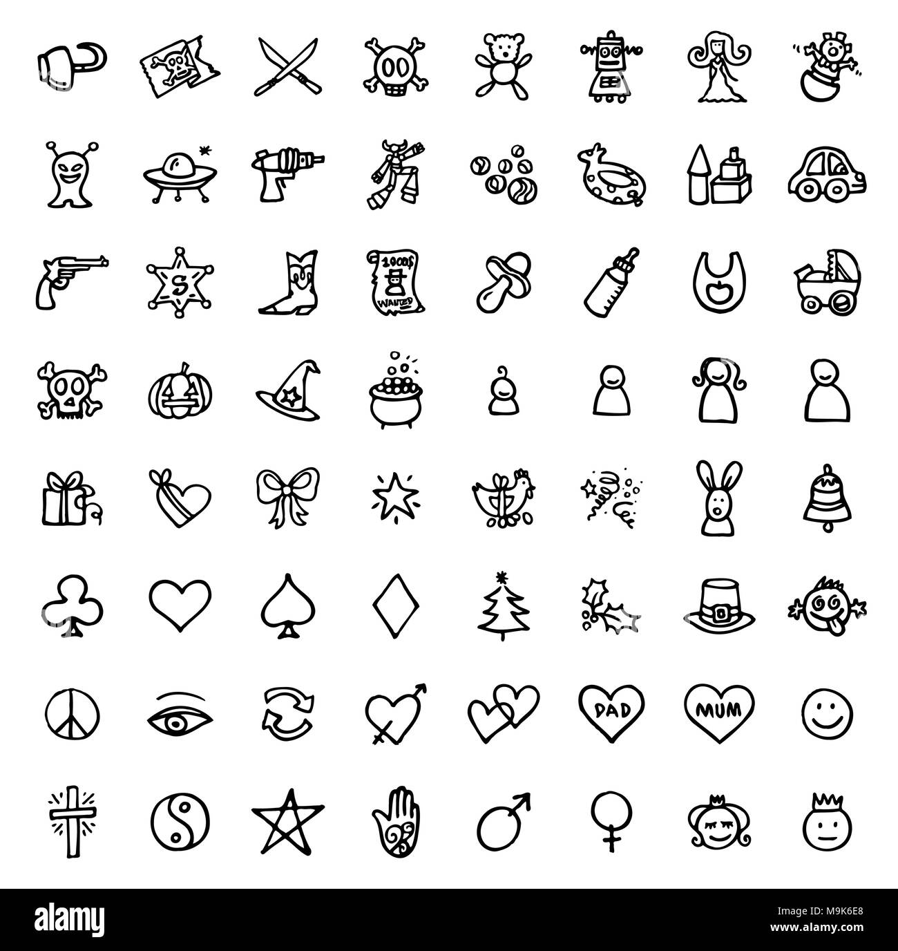 Schwarze und weiße Hand gezeichneten Symbole - SPASS & Symbole Stock Vektor