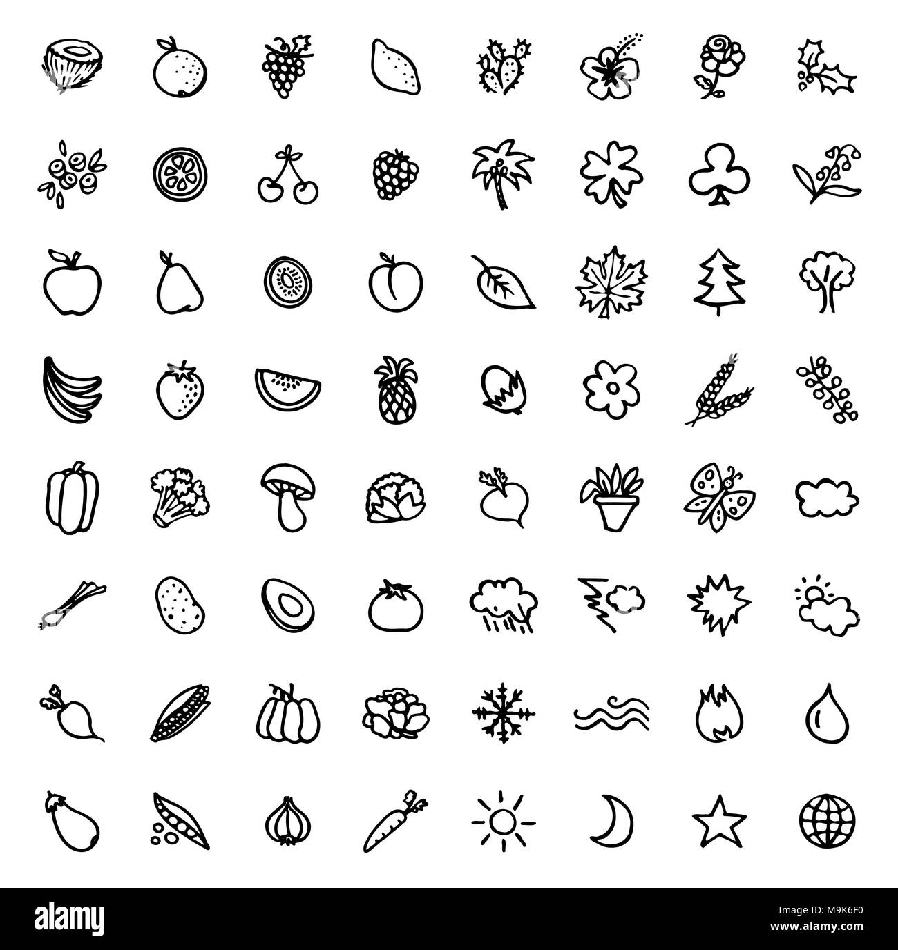 Schwarze und weiße Hand gezeichneten Symbole - PFLANZEN & NATUR Stock Vektor