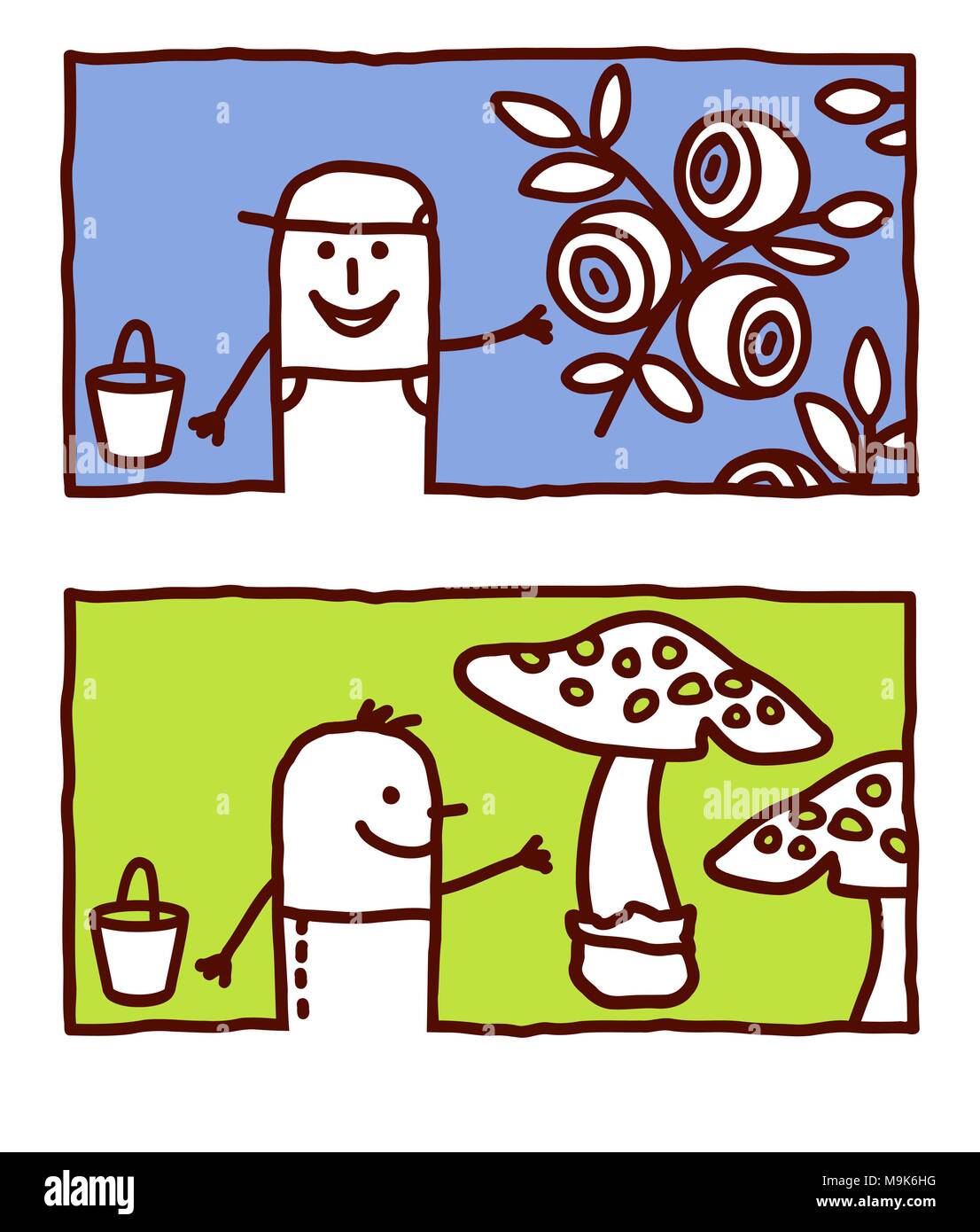 Vektor Hand gezeichneten Zeichentrickfiguren - Blaubeeren und Pilze sammeln Stock Vektor