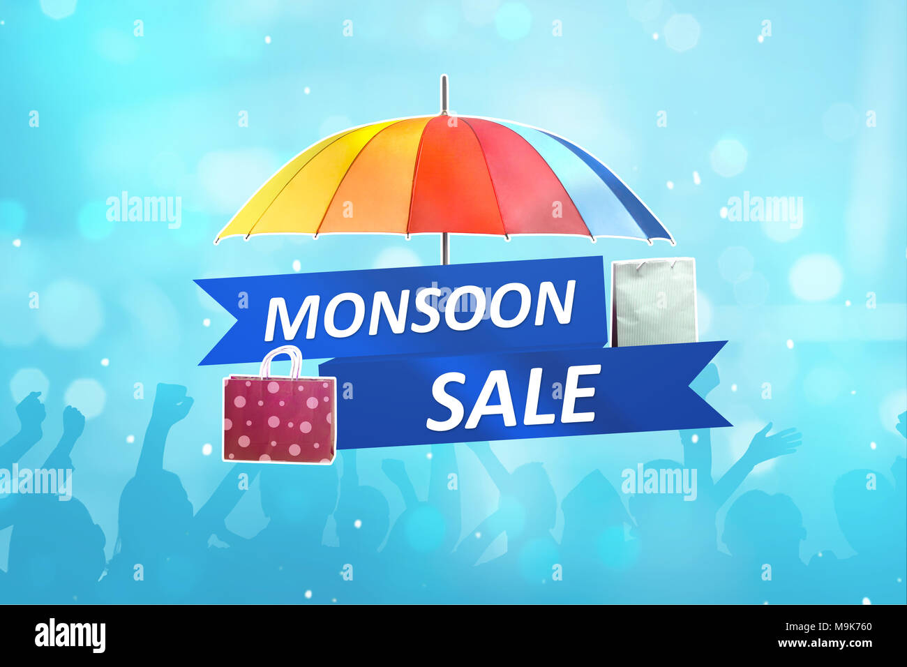 Monsun Verkauf mit Regenschirm und Papiertüte. Monsun verkauf Konzept Stockfoto