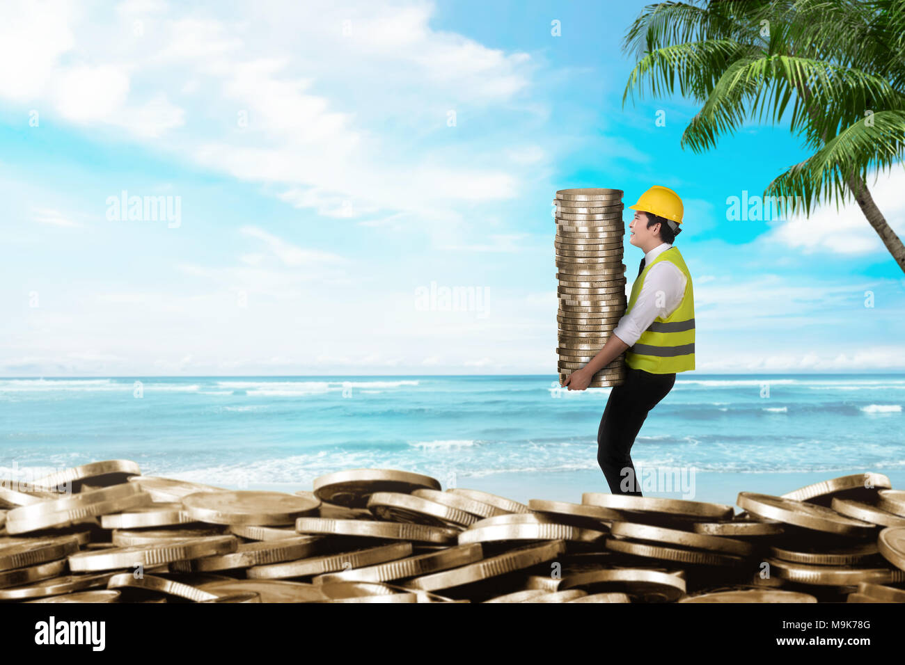 Seitenansicht von Bauarbeitern, die Münze Stacks. Sommer Konzept speichern Stockfoto