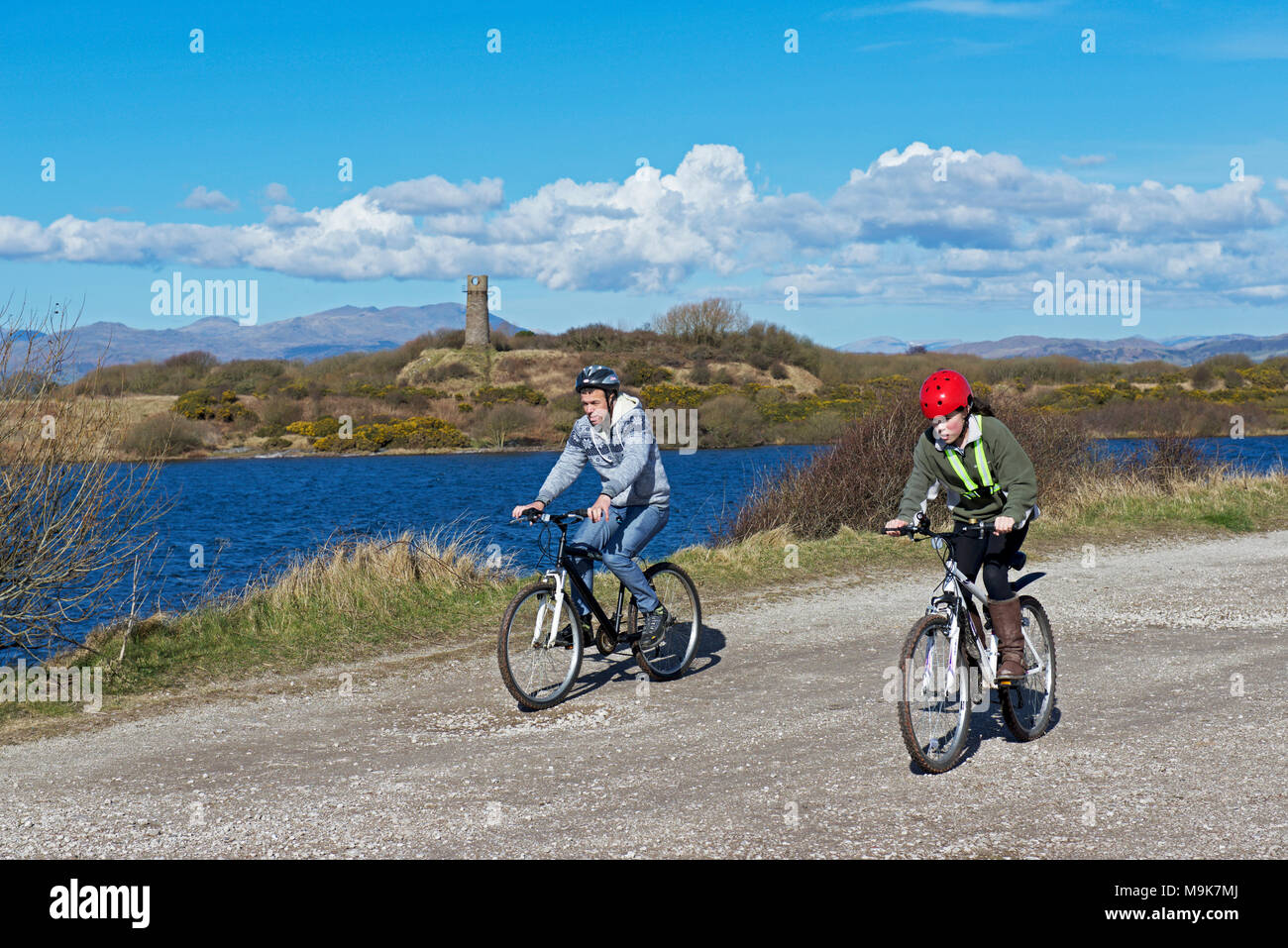 Radfahrer bei der RSPB Nature Reserve, Hodbarrow, in der Nähe der Millom, West Cumbria, England Großbritannien Stockfoto
