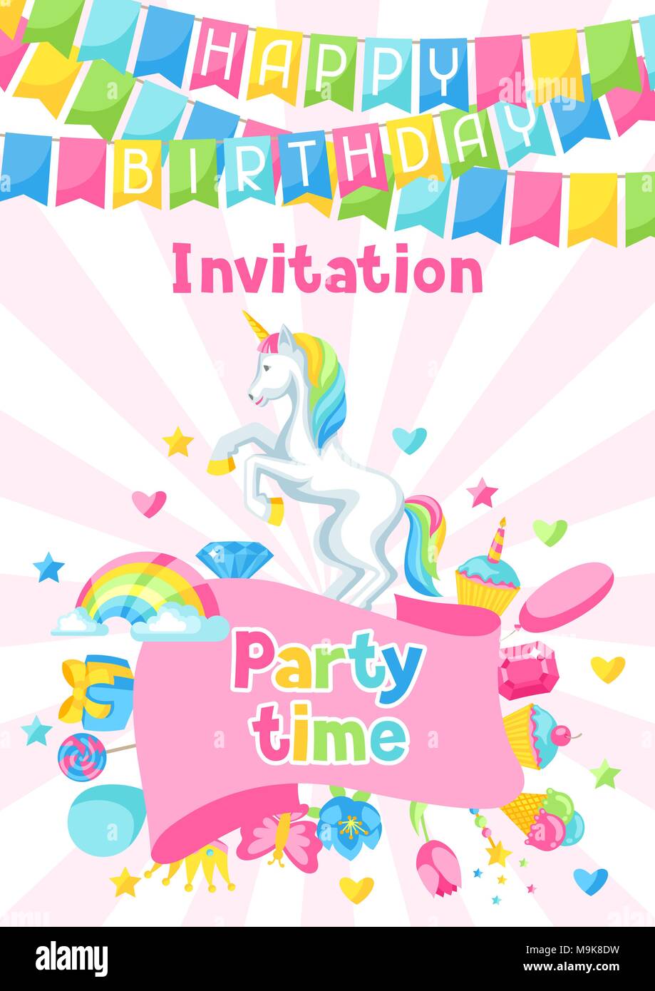 Happy Birthday Party Einladung mit Einhorn und Fantasy Reihen Stock Vektor