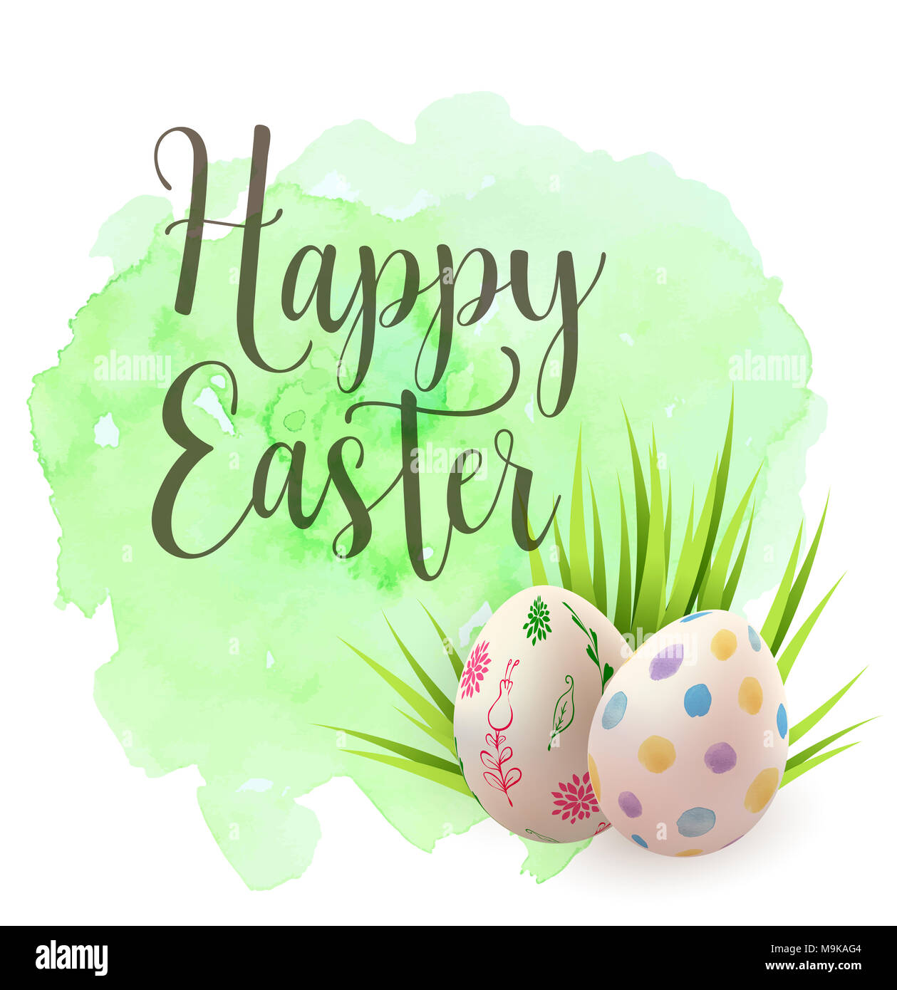 Dekorativ Ostern Grußkarte mit Eiern, Gras und Grün aquarell Textur. Stockfoto
