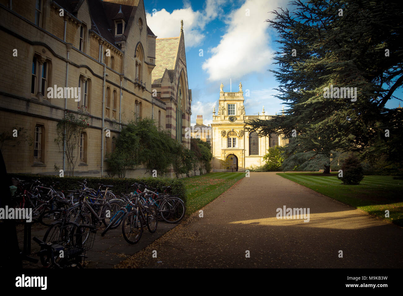 Fahrräder in einem wunderschönen Gelände an der berühmten Universität Oxford Stockfoto