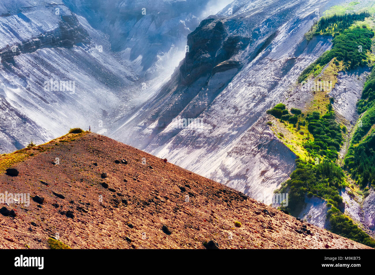 Ein Mann wie ein Fleck auf der Spitze eines Hügels mit Blick auf den Wet-Flanke des Mt gesehen. St. Helens. Stockfoto