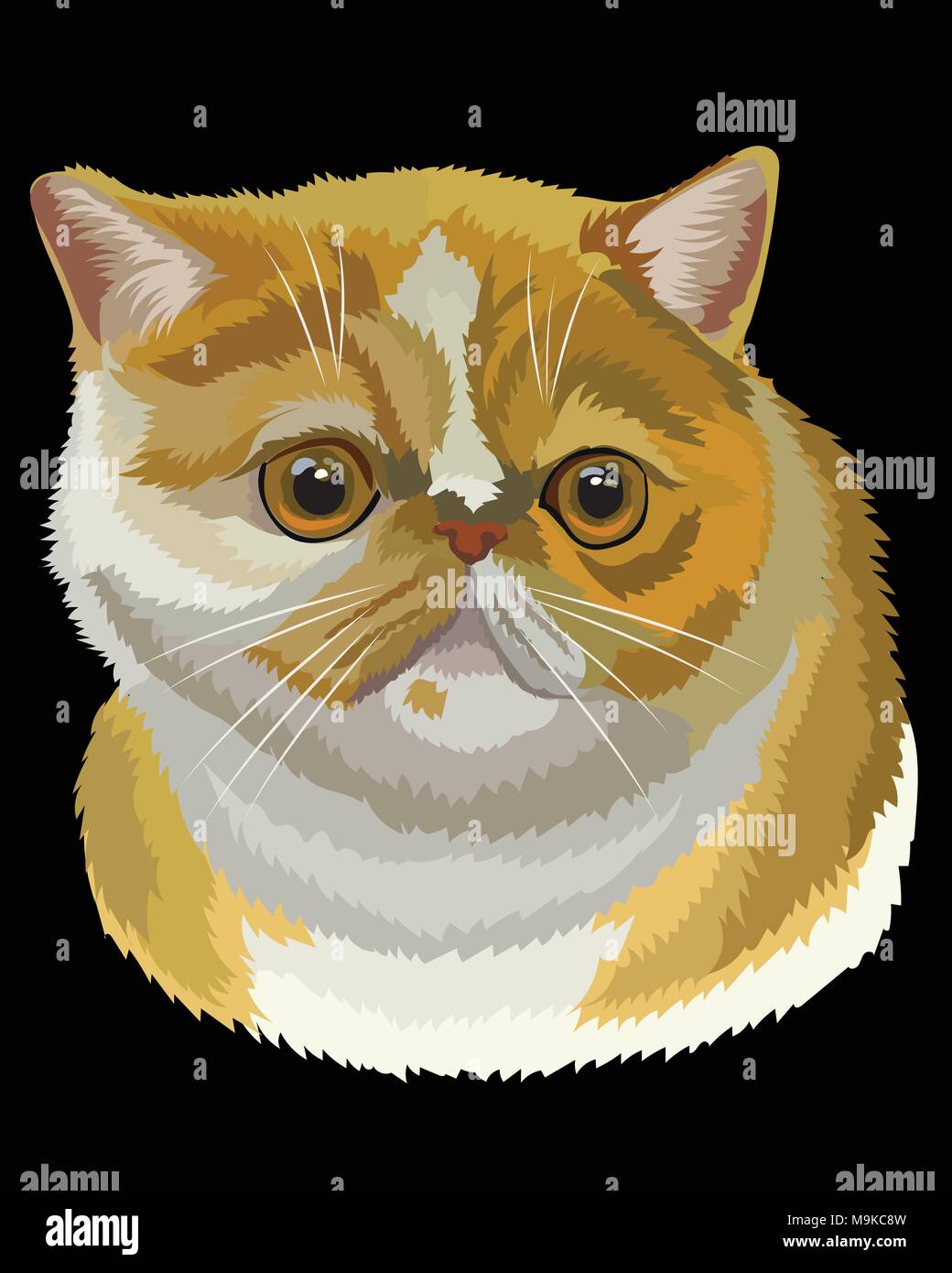 Vektor Kontur bunte Portrait von neugierig und Exotic Shorthair Katze überrascht in orangen und weißen Farben. Abbildung: auf schwarzem Hintergrund Stock Vektor
