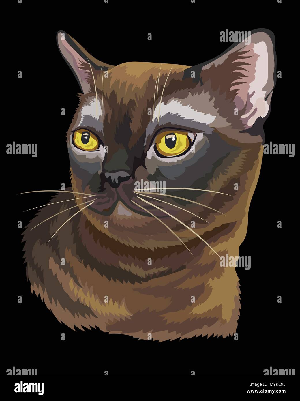 Vektor Kontur bunte Portrait von neugierig Burmese Cat in schwarzen und braunen Farben. Abbildung: auf schwarzem Hintergrund Stock Vektor