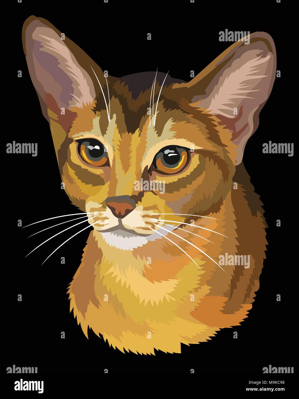 Vektor Kontur bunte Portrait von neugierig Abessinier Katze in Orange- und Brauntönen gehalten. Abbildung: auf schwarzem Hintergrund Stock Vektor