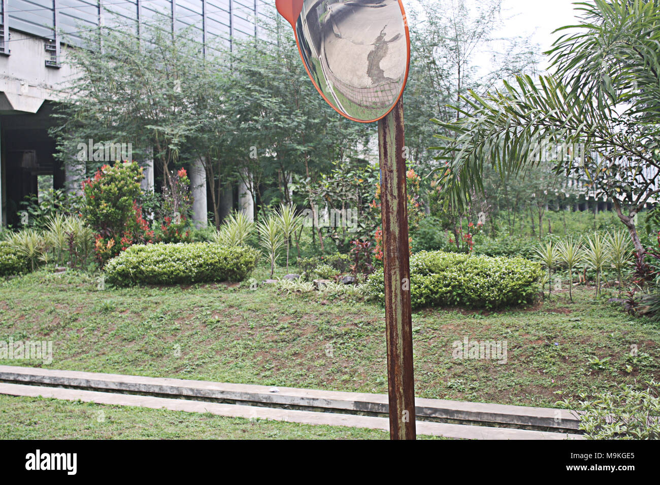 Ein weiterer botanischer Garten mit Spiegel Schild zwischen Wohngebiet und neuen Mautstraße Stockfoto