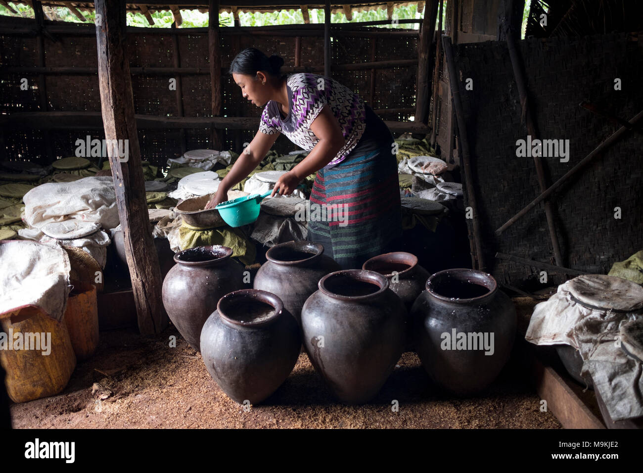Eine Frau bereitet die Zutaten für eine Brennerei. See Inle, Shan Staat, Myanmar Stockfoto