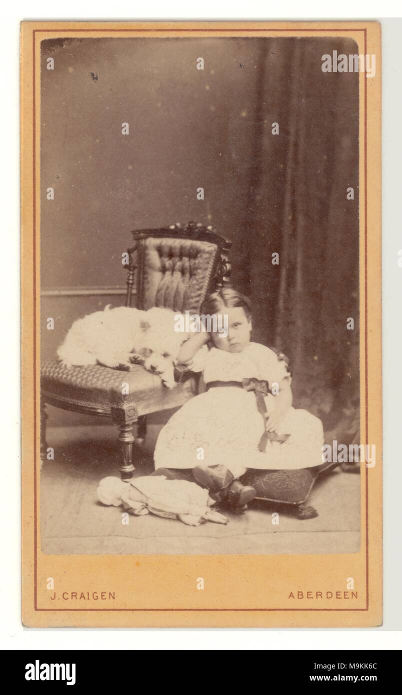 Viktorianisches Studioportrait, Carte de Visite (Visitenkarte) von jungen schottischen Mädchen, die sich in ihrem besten Party-Kittel hinsetzen, petulant, stropy aussehen, während ihr Cairn oder West Highland Terrier auf dem Stuhl sitzt, 1860's, Aberdeen, Schottland, Großbritannien Stockfoto