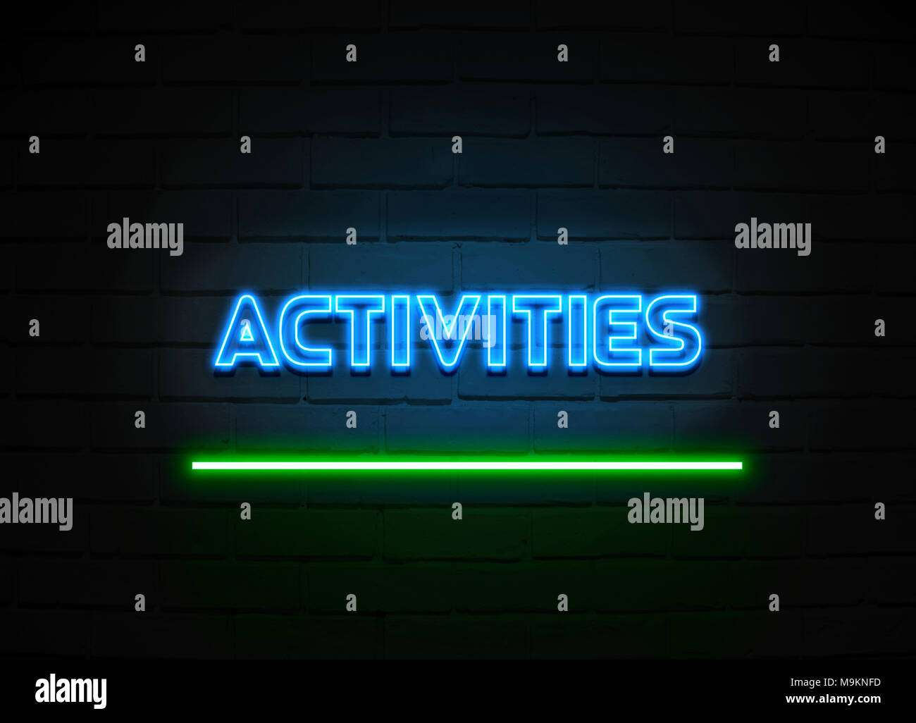 Aktivitäten Leuchtreklame - glühende Leuchtreklame auf brickwall Wand - 3D-Royalty Free Stock Illustration dargestellt. Stockfoto