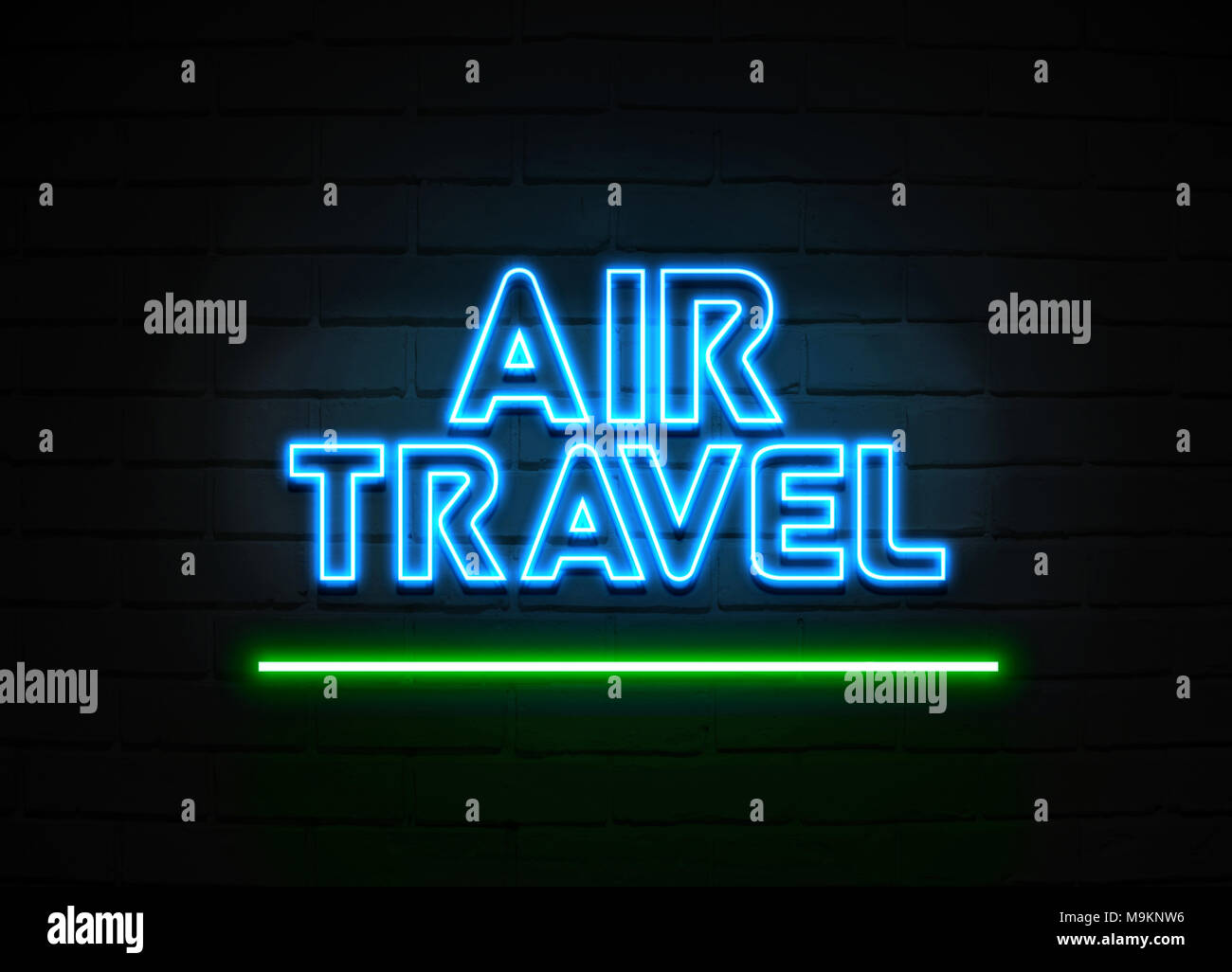 Flugreisen Leuchtreklame - glühende Leuchtreklame auf brickwall Wand - 3D-Royalty Free Stock Illustration dargestellt. Stockfoto