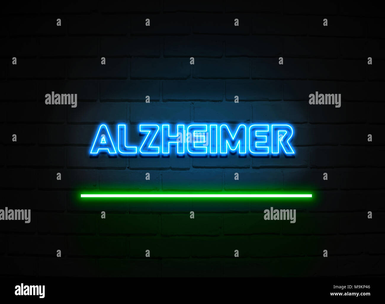 Alzheimer Leuchtreklame - glühende Leuchtreklame auf brickwall Wand - 3D-Royalty Free Stock Illustration dargestellt. Stockfoto