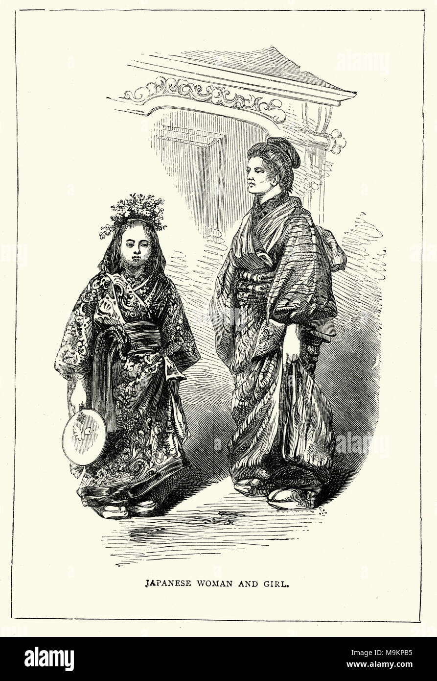 Japanische Frau und Mädchen in Tracht. 19. Jahrhundert Stockfoto