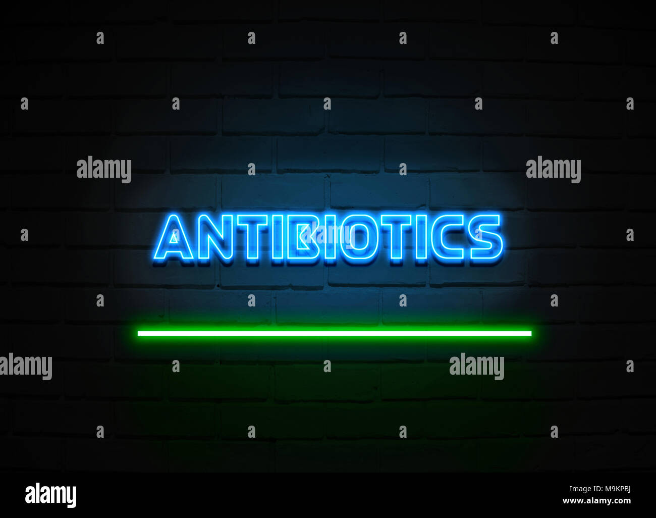 Antibiotika Leuchtreklame - glühende Leuchtreklame auf brickwall Wand - 3D-Royalty Free Stock Illustration dargestellt. Stockfoto