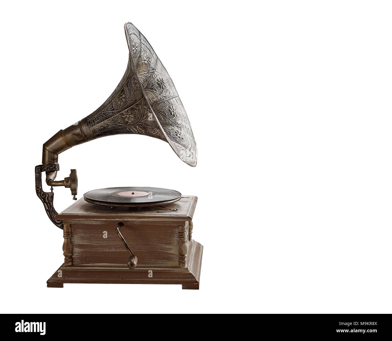 Schöne Silber vintage Phonographen. Retro Grammophon auf weißem Hintergrund. Stockfoto