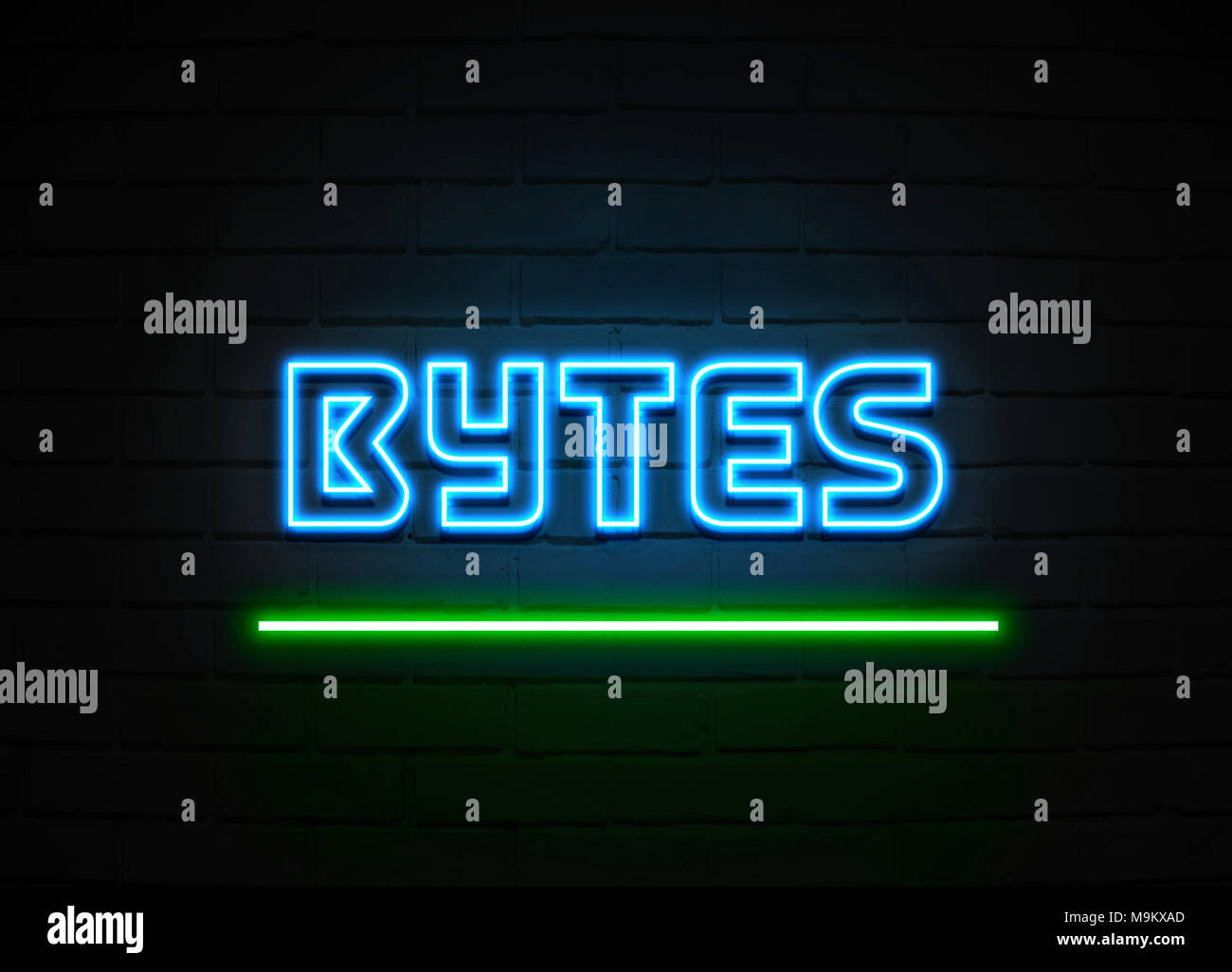 Bytes Leuchtreklame - glühende Leuchtreklame auf brickwall Wand - 3D-Royalty Free Stock Illustration dargestellt. Stockfoto