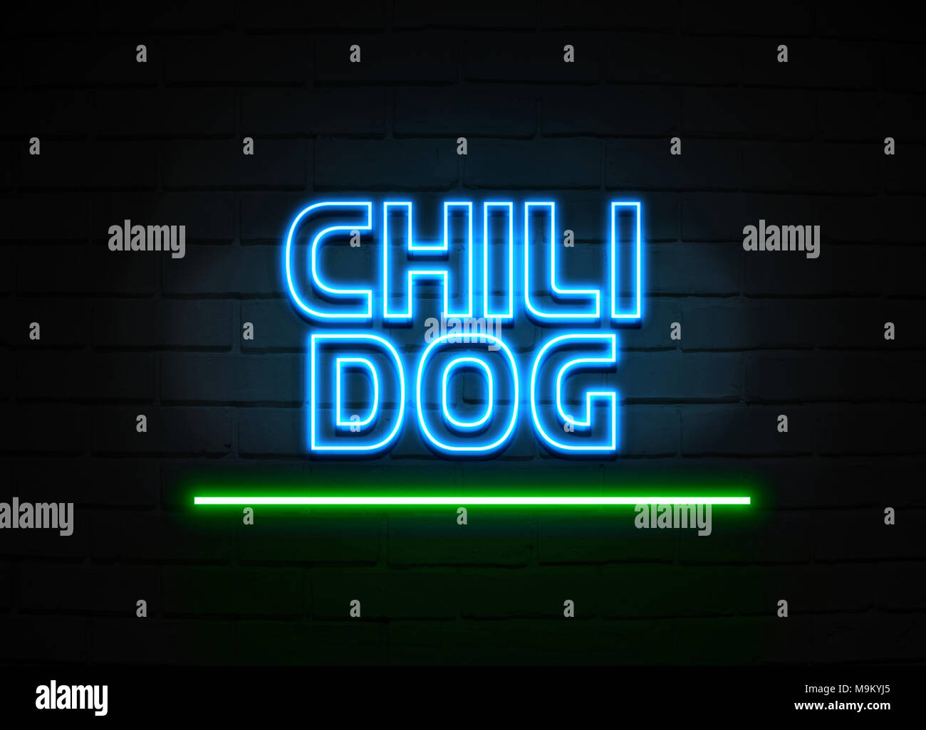 Chili Dog Leuchtreklame - glühende Leuchtreklame auf brickwall Wand - 3D-Royalty Free Stock Illustration dargestellt. Stockfoto