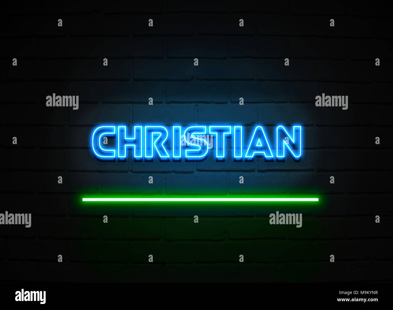 Christian Leuchtreklame - glühende Leuchtreklame auf brickwall Wand - 3D-Royalty Free Stock Illustration dargestellt. Stockfoto