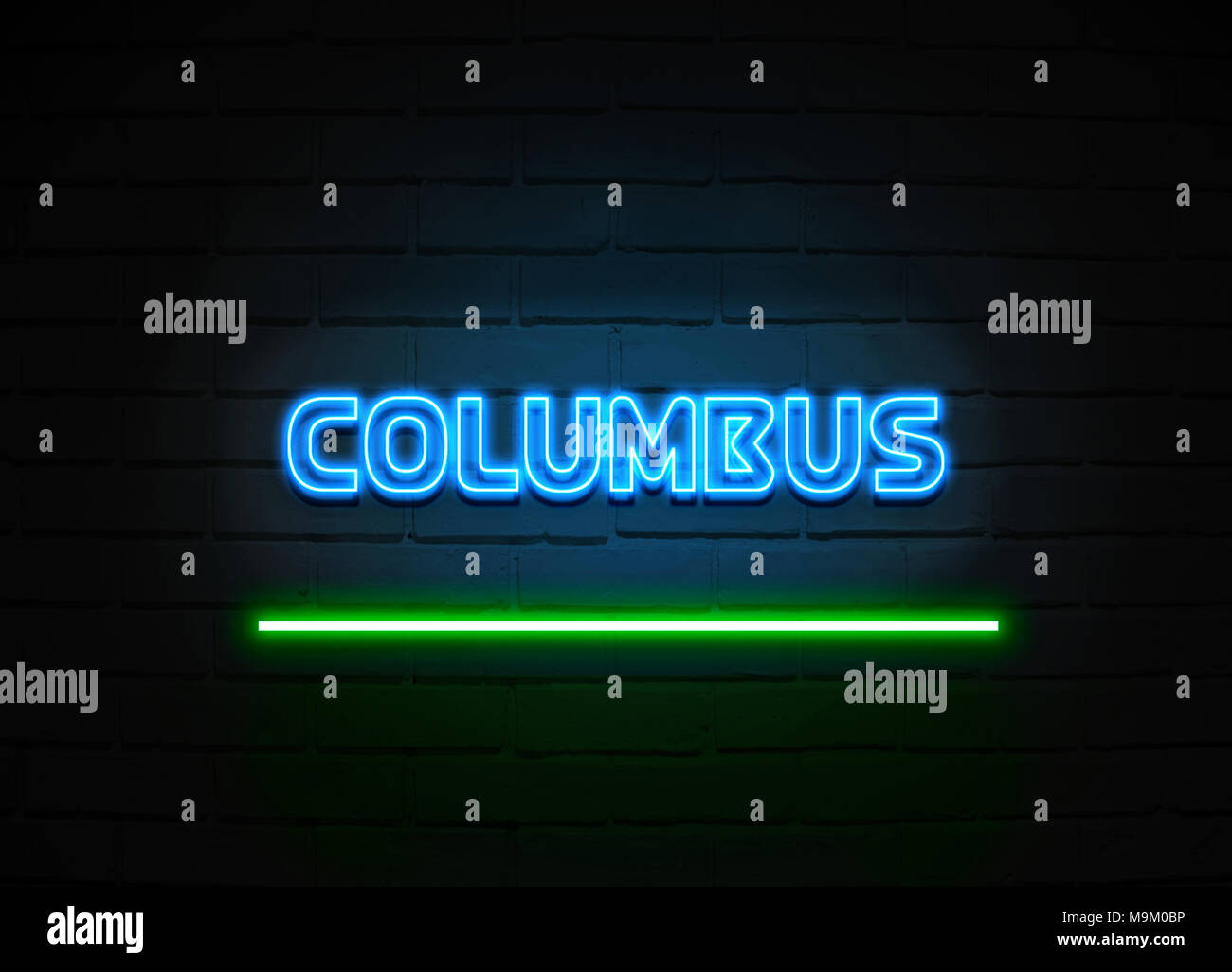 Columbus Leuchtreklame - glühende Leuchtreklame auf brickwall Wand - 3D-Royalty Free Stock Illustration dargestellt. Stockfoto