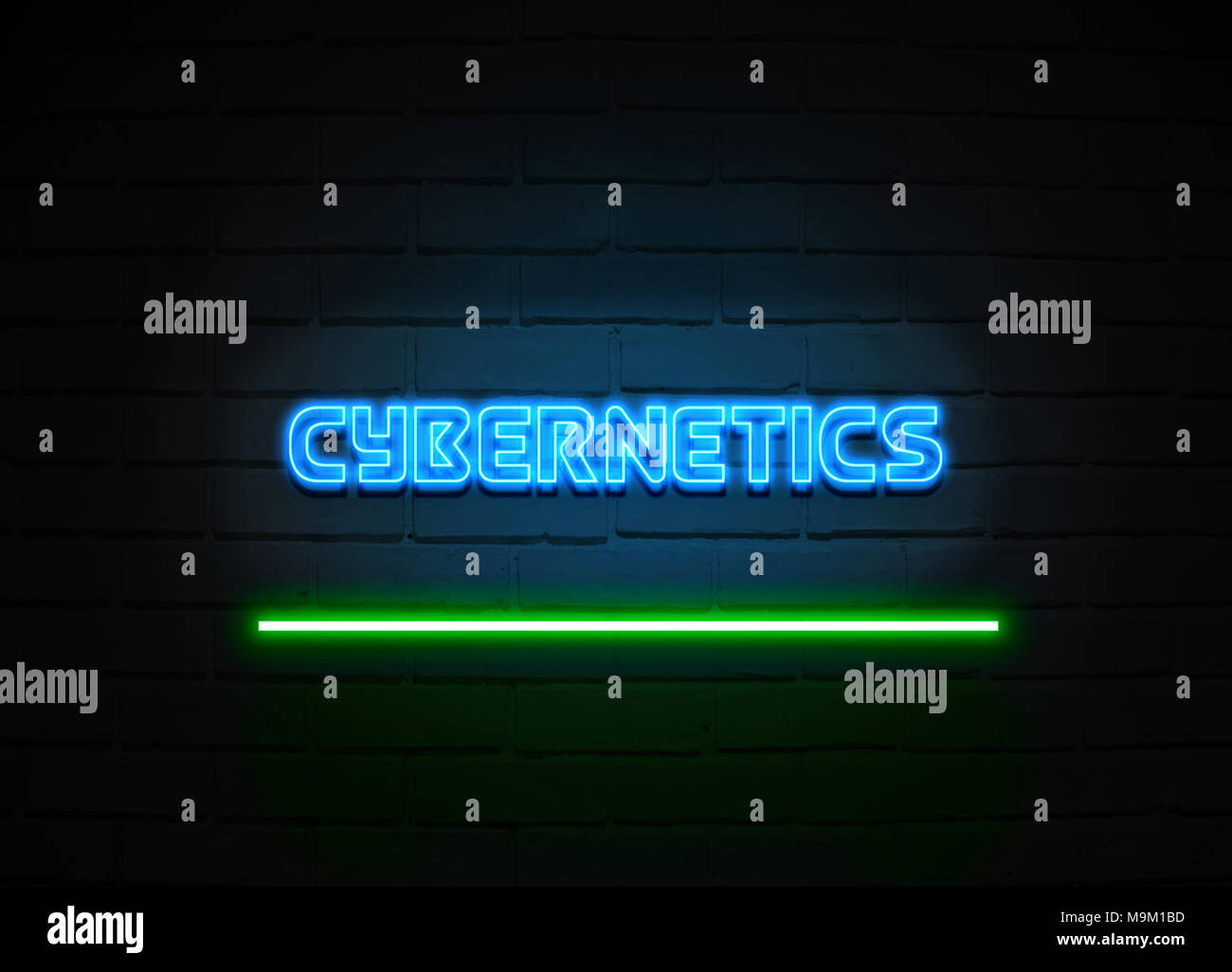 Kybernetik Leuchtreklame - glühende Leuchtreklame auf brickwall Wand - 3D-Royalty Free Stock Illustration dargestellt. Stockfoto