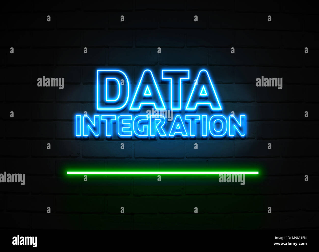 Data Integration Leuchtreklame - glühende Leuchtreklame auf brickwall Wand - 3D-Royalty Free Stock Illustration dargestellt. Stockfoto