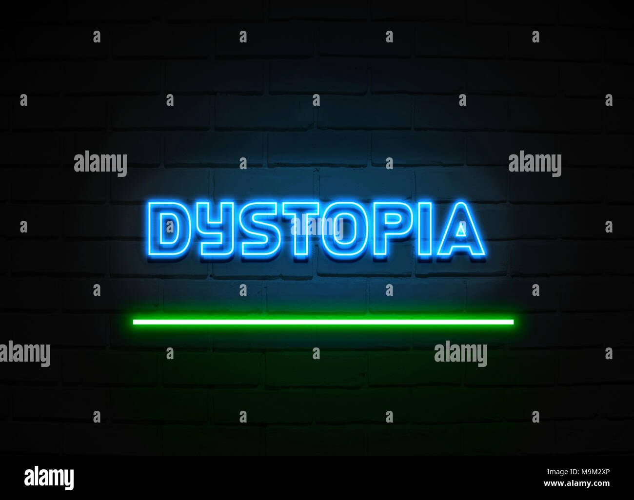 Dystopia Leuchtreklame - glühende Leuchtreklame auf brickwall Wand - 3D-Royalty Free Stock Illustration dargestellt. Stockfoto