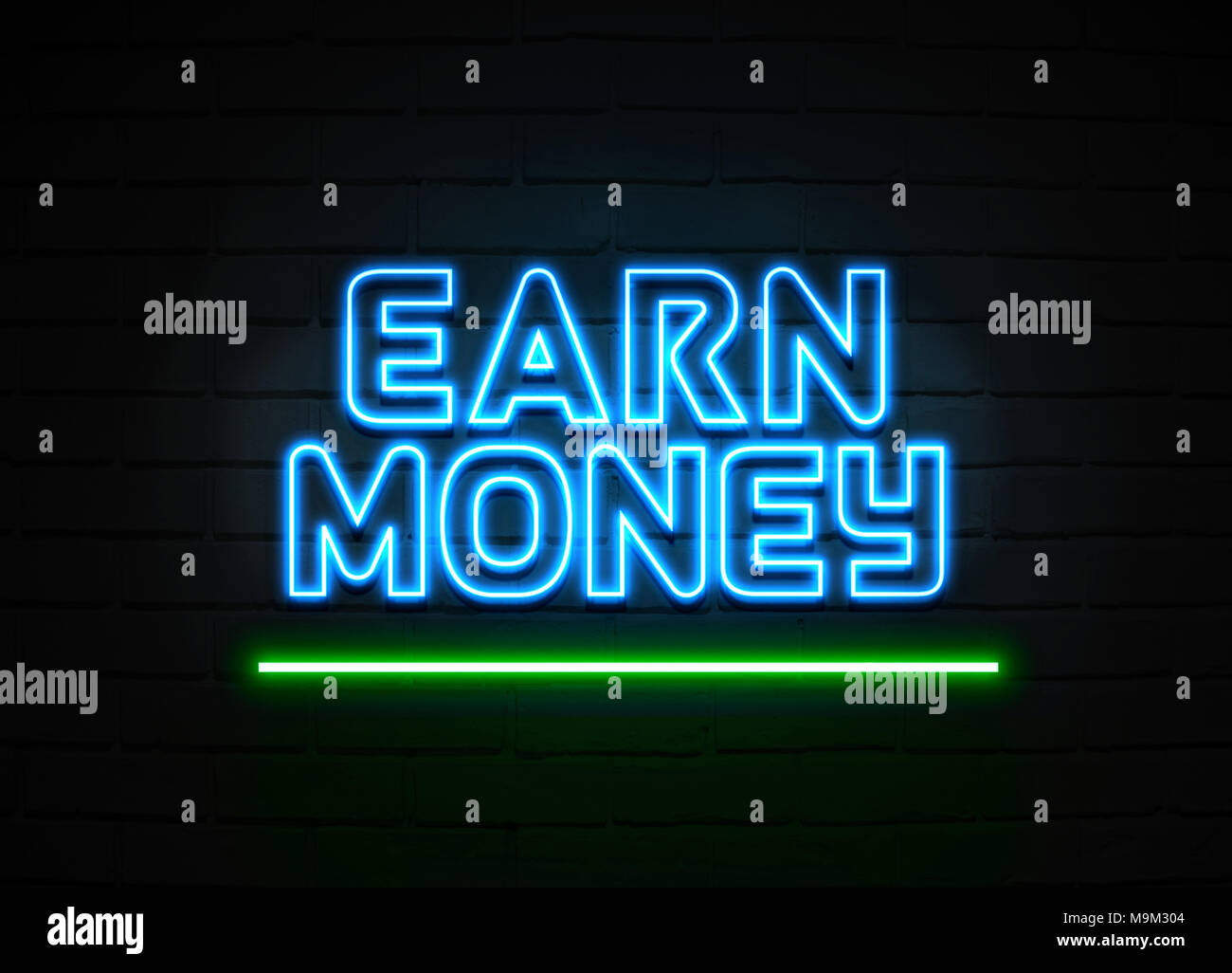 Geld verdienen Leuchtreklame - glühende Leuchtreklame auf brickwall Wand - 3D-Royalty Free Stock Illustration dargestellt. Stockfoto