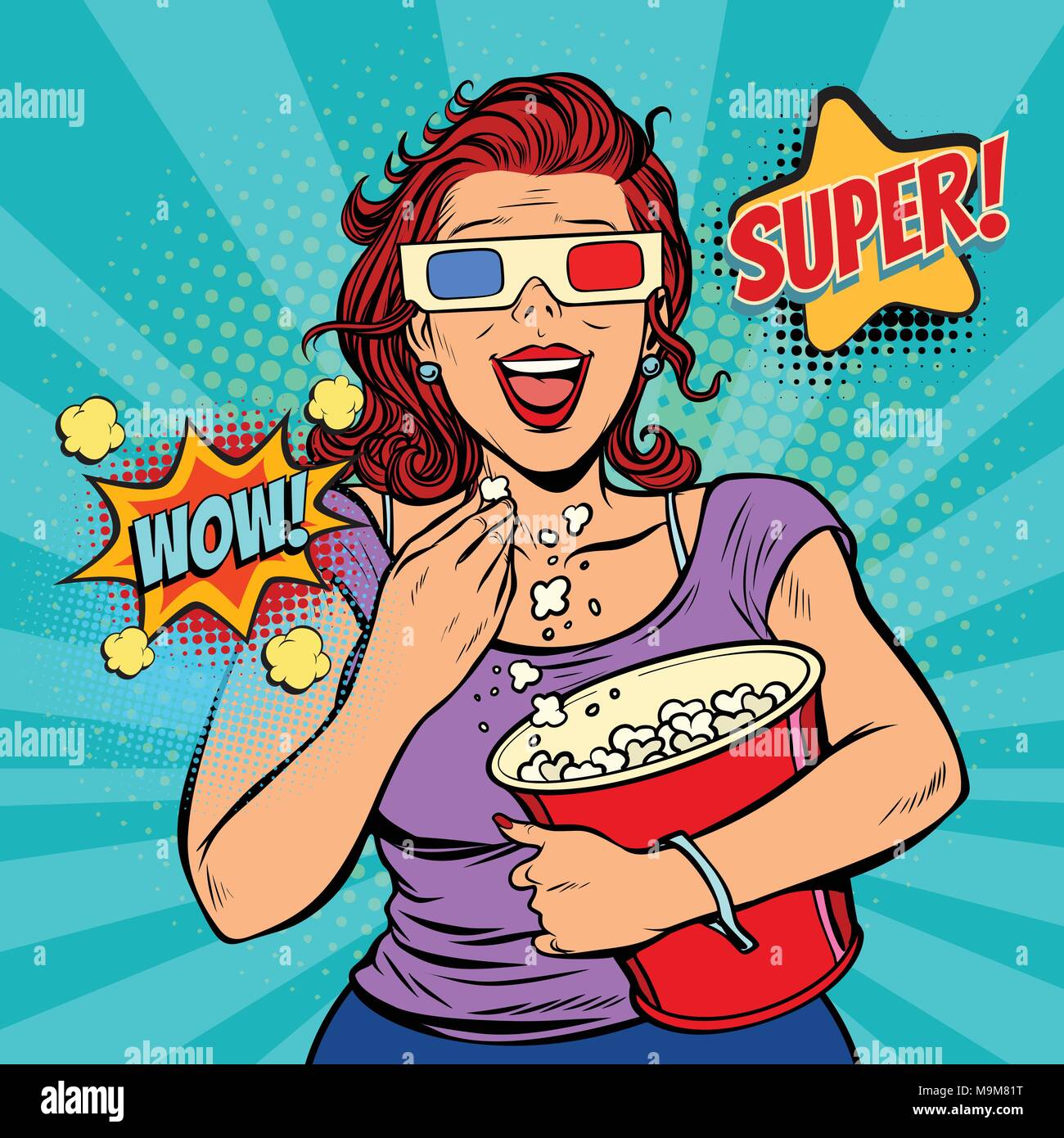 Frau in der 3D-Brille einen Film ansehen, lächelnd und essen Popcorn Stock Vektor