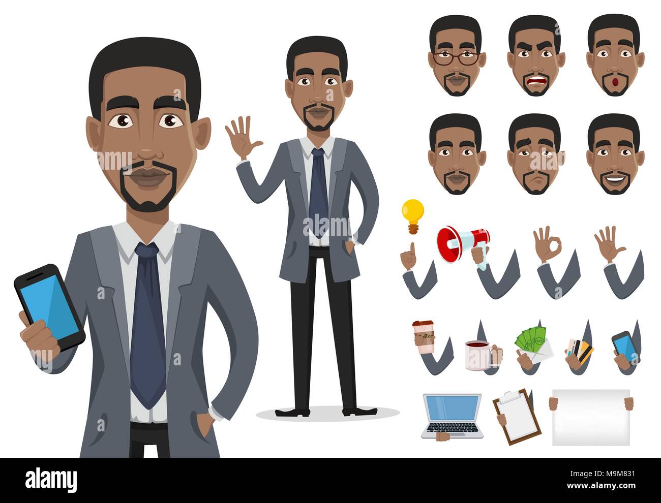 Afrikanische amerikanische Geschäftsmann Cartoon Character Creation, Pack von Teilen des Körpers und der Gefühle. Lächelnd Geschäftsmann im Büro Kleidung. Vektor Lllustrat Stock Vektor