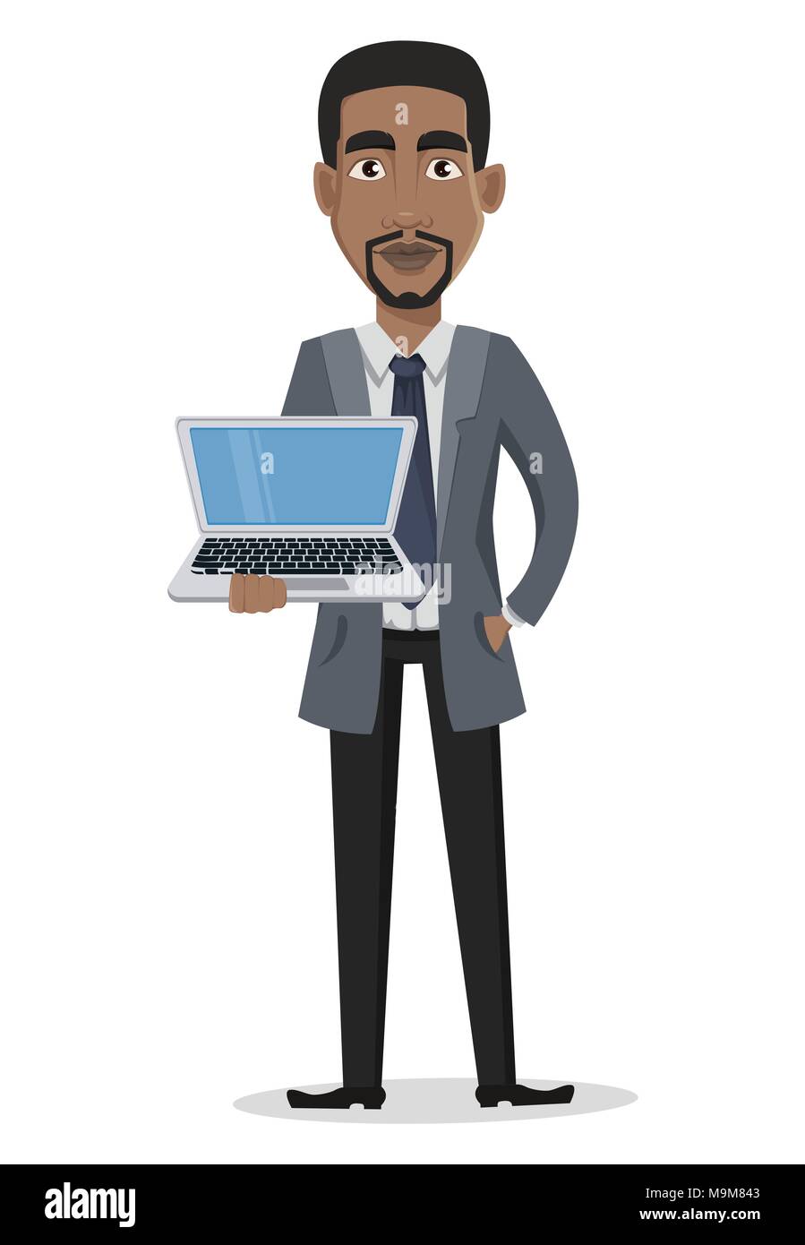Afrikanische amerikanische Geschäftsmann cartoon Charakter. Unternehmer im Büro Kleidung hält Laptop. Vector Illustration auf weißem Hintergrund Stock Vektor