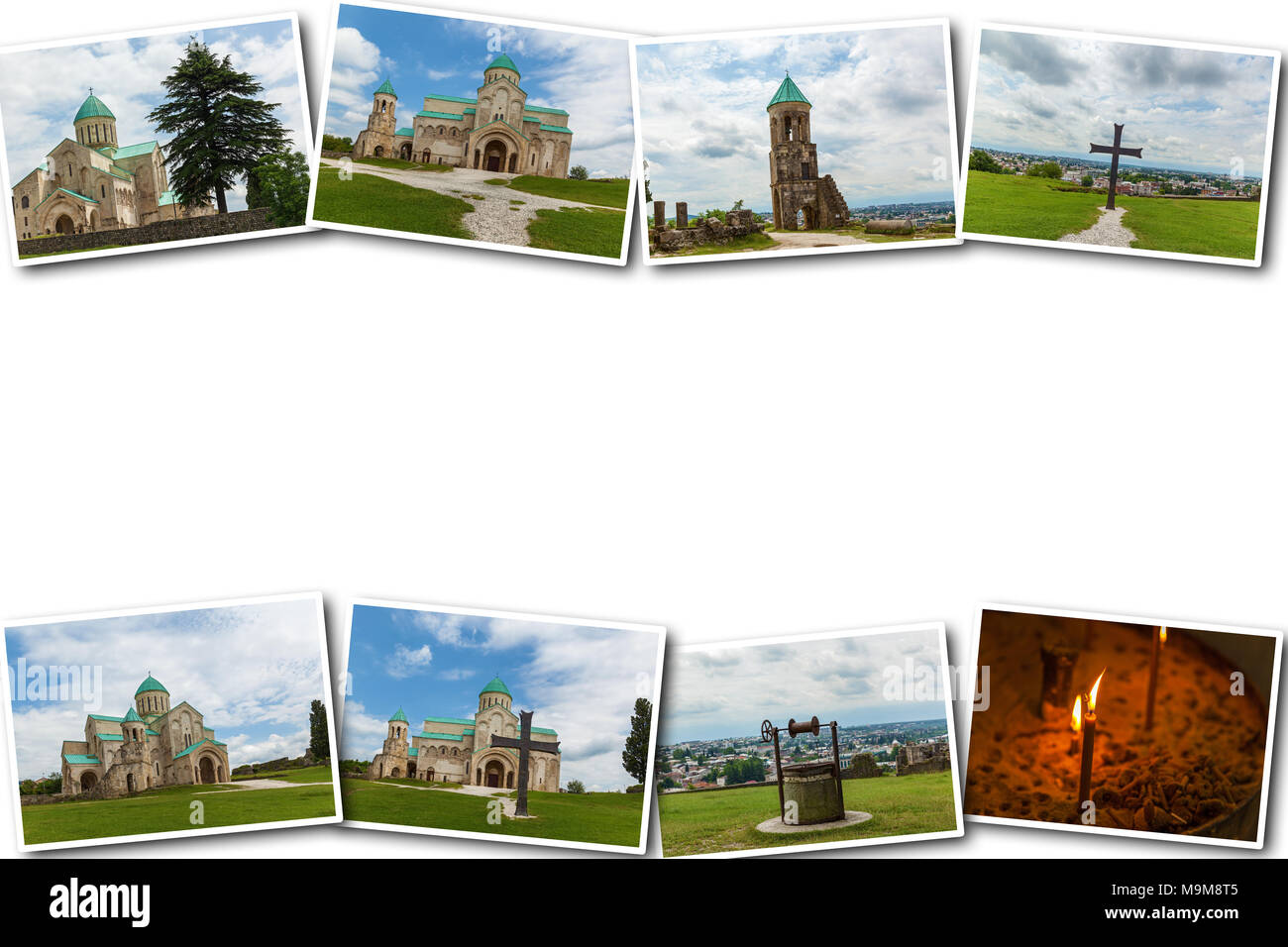 Die alte restaurierte Gelati Tempel in Kutaissi Georgien. 1125, König David der Erbauer war hier begraben. Foto Collage der Sehenswürdigkeiten von Georgia. Collage Reisen Stockfoto