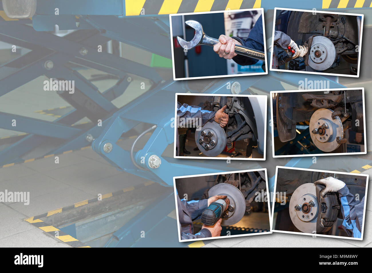 Collage Reparatur der Bremsbeläge auf dem Auto. Reparatur der Bremsen Stockfoto