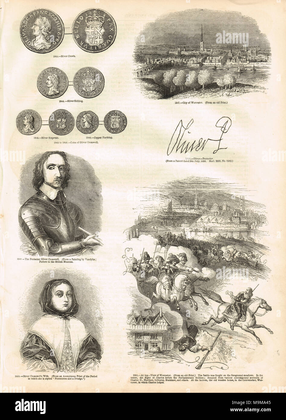 Auswahl von Oliver Cromwell in Verbindung stehende Bilder, Cromwell, Cromwell's Frau, Elizabeth Cromwell, Unterschrift des Cromwell Cromwells, Münzen, Stadt Worcester Stockfoto