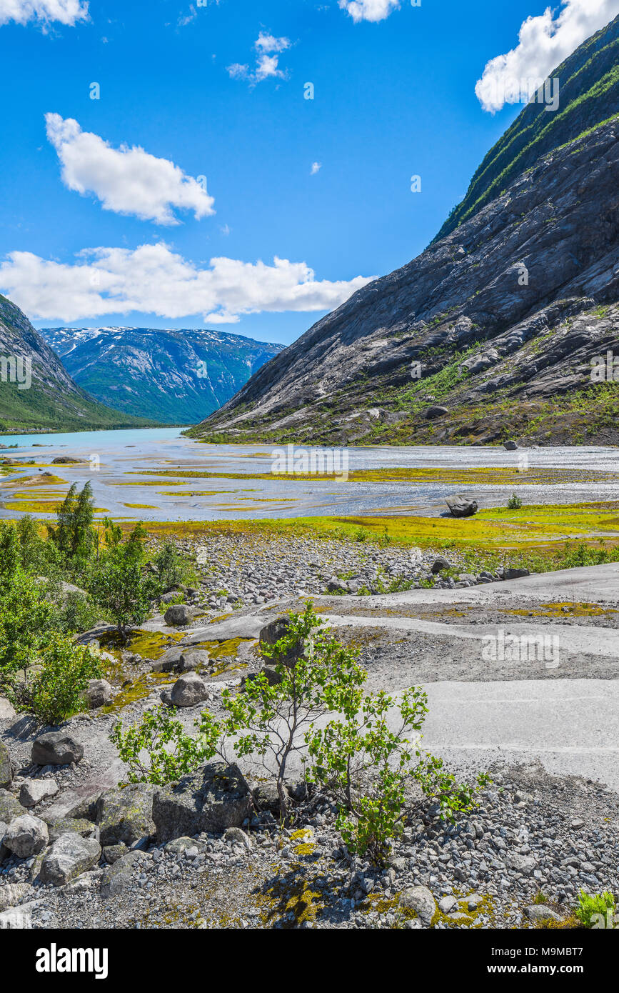 Die bunte Landschaft von einem Gletscher, See, Norwegen, Bergsee der Nigardsbreen Gletscher, Nigardsbreenvatnet, Jostedalsbreen Nationalpark Stockfoto
