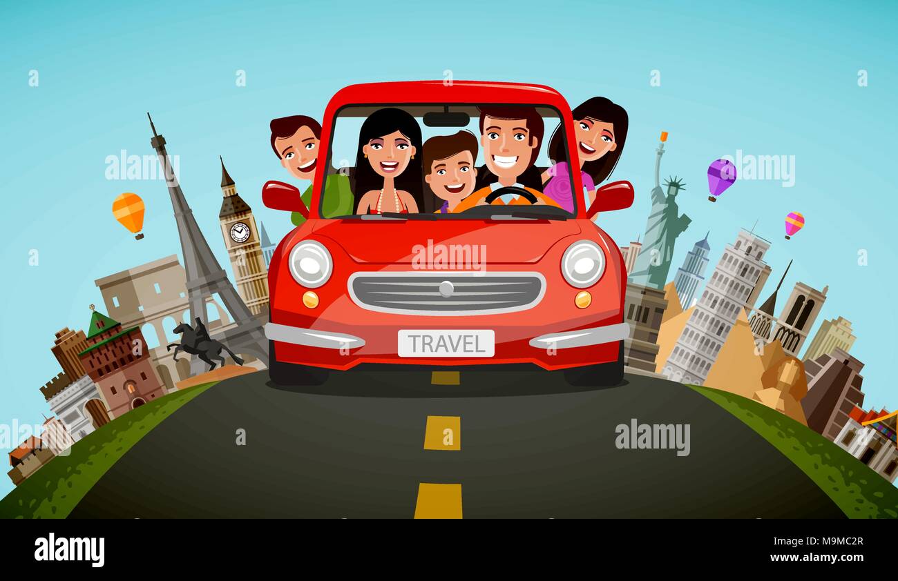 Happy Family Fahrten mit dem Auto in den Urlaub. Reise, Reise Konzept. Cartoon Vector Illustration Stock Vektor